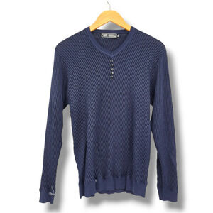 Playboy VIP Collection Men's V Neck Button Detail Waffle Knit Sweater Blue Black